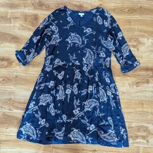 Garnet Hill Navy Paisley Print Bohemian Pocket Detail 3/4 Sleeve Mini Dress 12